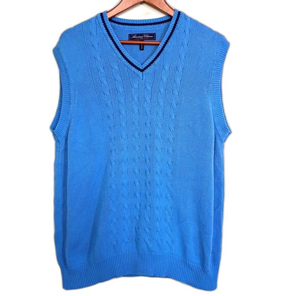 American Classics Russell Simmons Blue Cableknit Sweater Vest Mens L 42-44 Prep - Picture 1 of 7